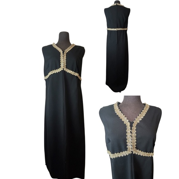 Union Made Dresses & Skirts - Vintage Sleeveless Maxi Dress Fortrel Polyester, Gold Tinsel Accent, 60s 70s XL`